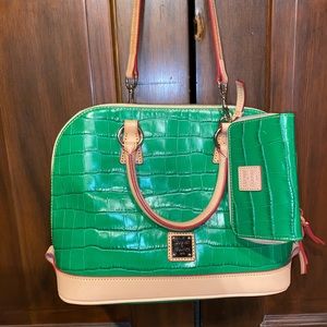 Green, tan, and pink Dooney & Bourke bag